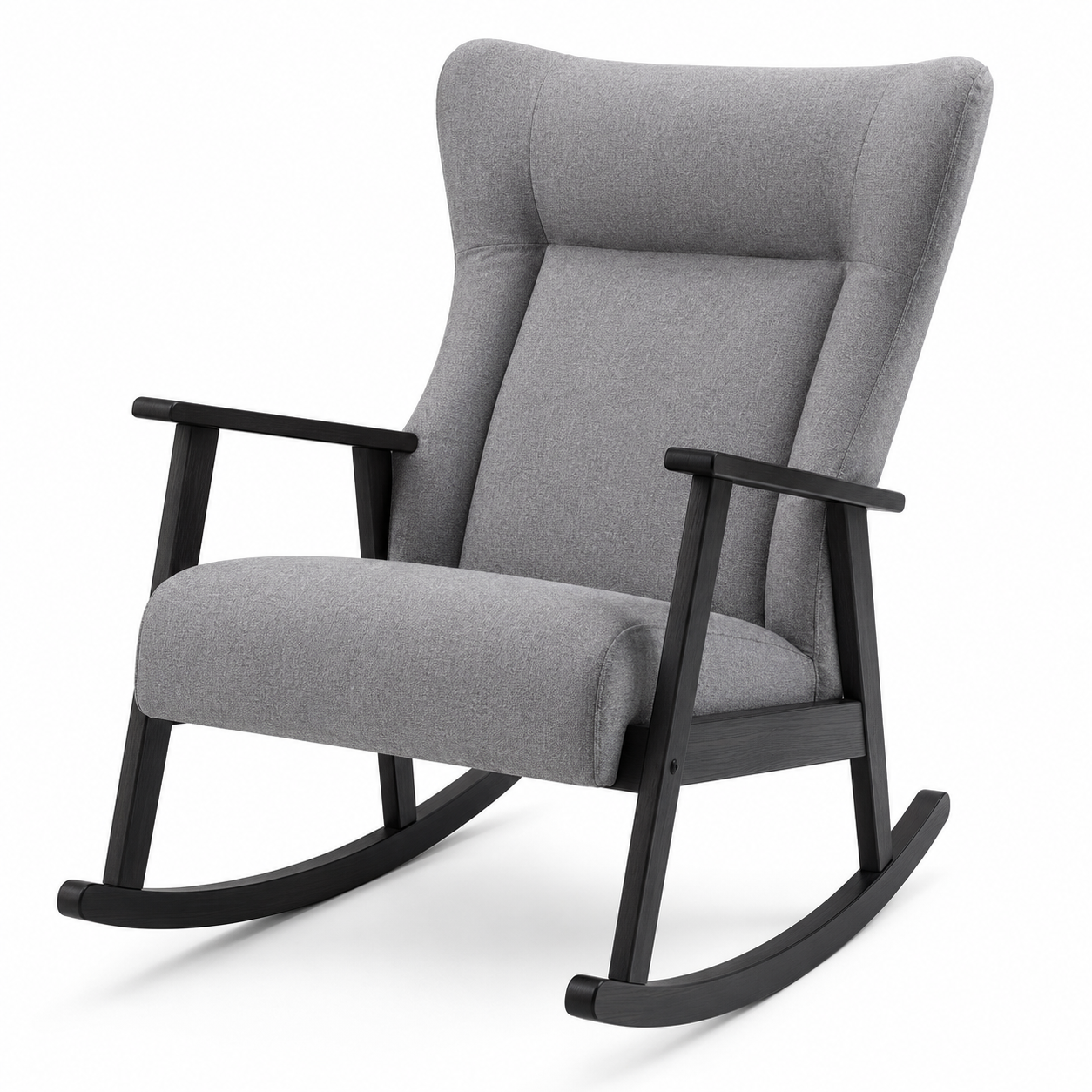 Fauteuil à bascule bois noir et tissu gris 70x92x98 cm