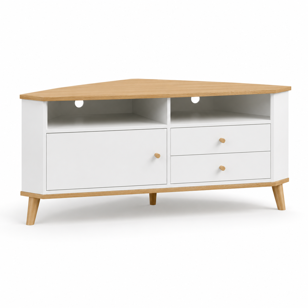 Meuble TV pour angle blanc et bois petit salon 135x45x50 cm