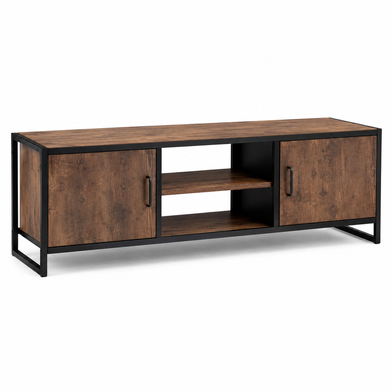 Meuble TV industriel bois brun et métal noir 150x40x52 cm