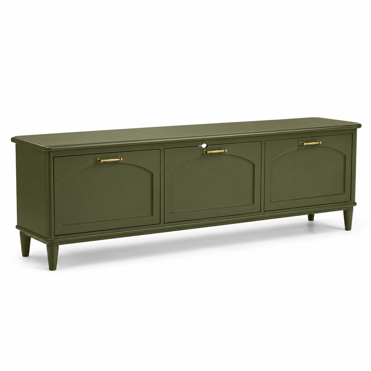 Meuble TV vert olive avec poignées finition laiton 180x42x55 cm