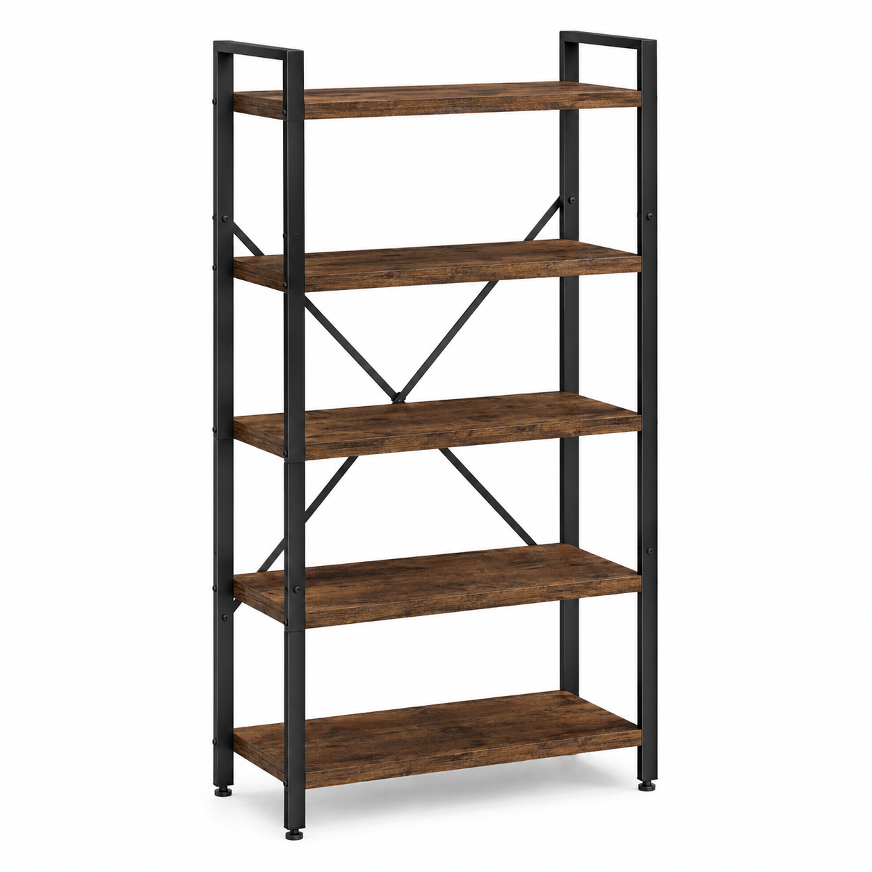 Bibliothèque industrielle noire métal et bois 5 étagères 80x32x180 cm